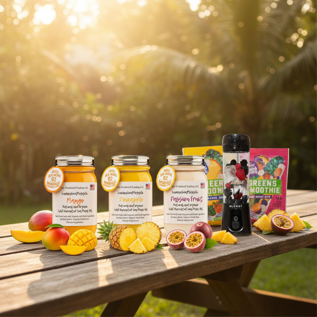 Organic Tropical Paradise Sea Moss Gel Bundle with Switchback Foods Greens Smoothie Variety Pack and BLENDi Pro+ Ice Crushing Portable Blender on a picnic table outdoors — Daily Health & Beauty