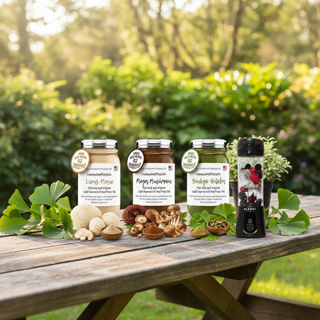 Organic Mind Body & Energy Sea Moss Gel Bundle with BLENDi Pro+ Portable Blender on an outdoor picnic table — Lion's Mane Mega Mushroom Ginkgo Biloba — Daily Health & Beauty