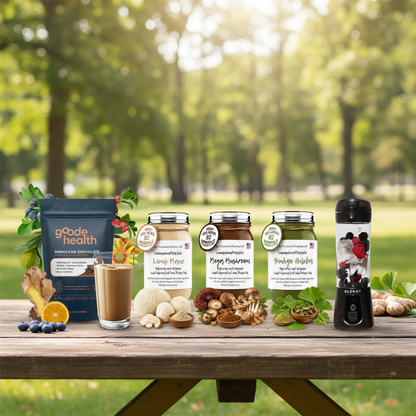 Organic Mind Body & Energy Sea Moss Gel Bundle with Goode Health Superfood Shake and BLENDi Pro+ Portable Blender on an outdoor picnic table — Daily Health & Beauty