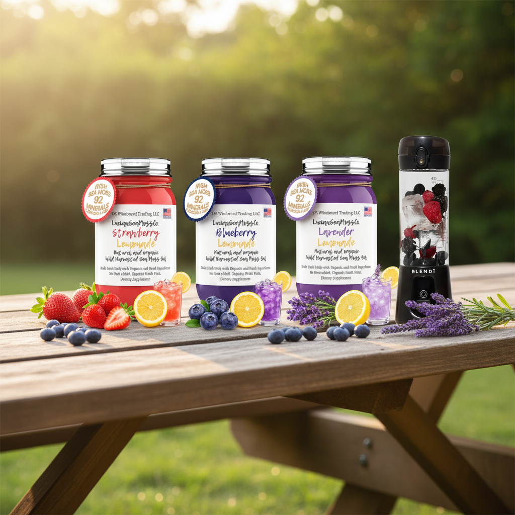 Organic Sunshine Lemonade Sea Moss Gel Bundle Strawberry Blueberry Lavender Lemonade with BLENDi Pro+ Ice Crushing Portable Blender on a picnic table outdoors — Daily Health & Beauty