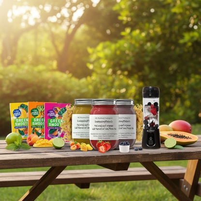  Organic Fruit Infused Mojito Blast Sea Moss Gel Bundle with Switchback Foods Greens Smoothie Variety Pack and BLENDi Pro+ Ice Crushing Portable Blender on a picnic table outdoors — Daily Health & Beauty