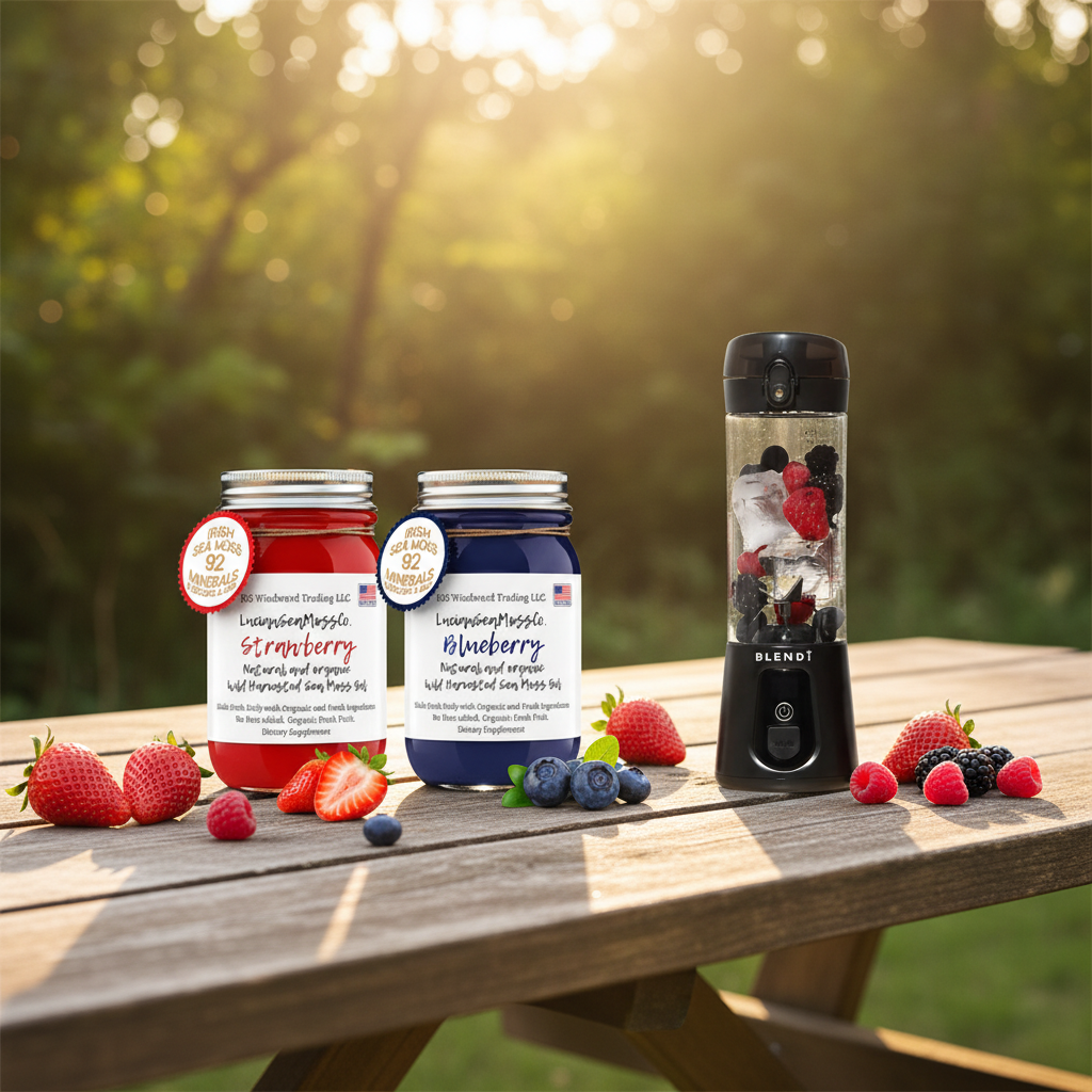 Organic Berry Lovers Sea Moss Gel Bundle Strawberry Blueberry Mixed Berries with BLENDi Pro+ Ice Crushing Portable Blender on a picnic table outdoors — Daily Health & Beauty