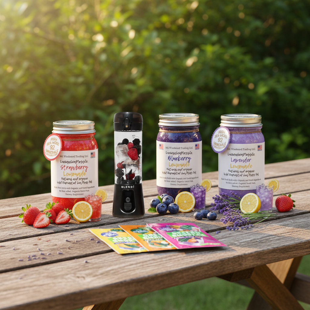  Organic Sunshine Lemonade Sea Moss Gel Bundle with Switchback Foods Greens Smoothie Variety Pack and BLENDi Pro+ Ice Crushing Portable Blender on a picnic table outdoors — Daily Health & Beauty