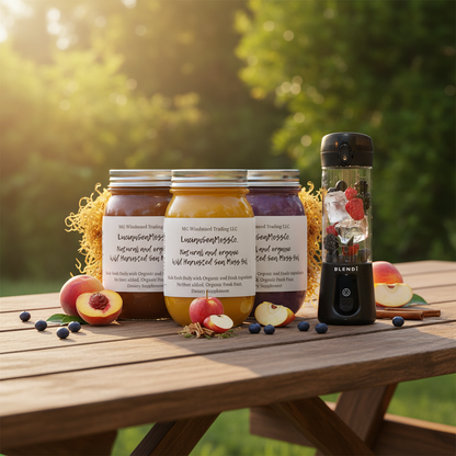 Organic Fruit Infused Country Fields Sea Moss Gel Bundle Apple Cinnamon Peach Blueberry with BLENDi Pro+ Portable Blender on a picnic table outdoors — Daily Health & Beauty