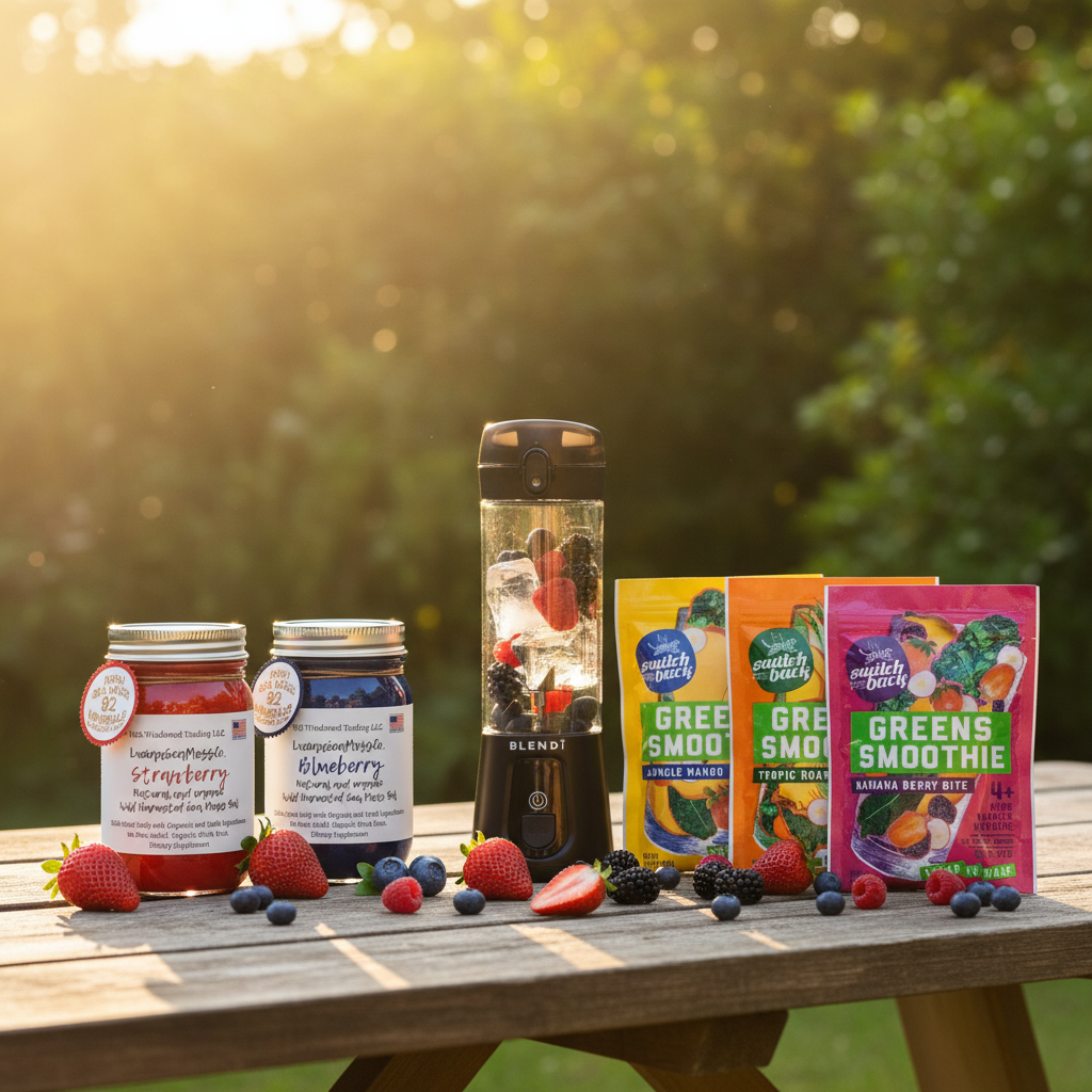 Organic Berry Lovers Sea Moss Gel Bundle Strawberry Blueberry Mixed Berries with Switchback Greens Smoothie Variety Pack and BLENDi Pro+ Ice Crushing Portable Blender on a picnic table outdoors — Daily Health & Beauty
