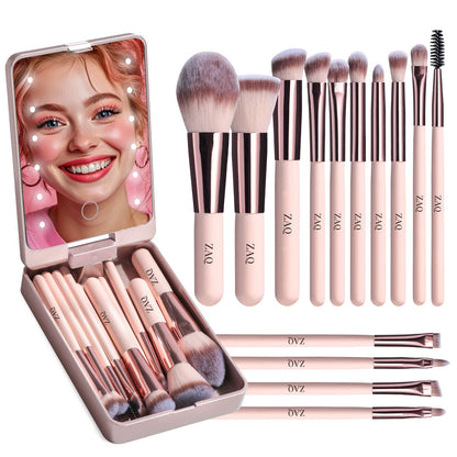 ZAQ 14-Piece Mini Makeup Brush Set with LED Light Mirror