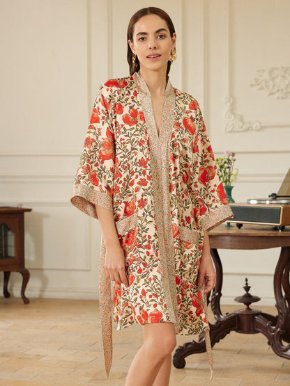 Pomegranate Garden Short Robe with Pockets | Daily Health & Beauty