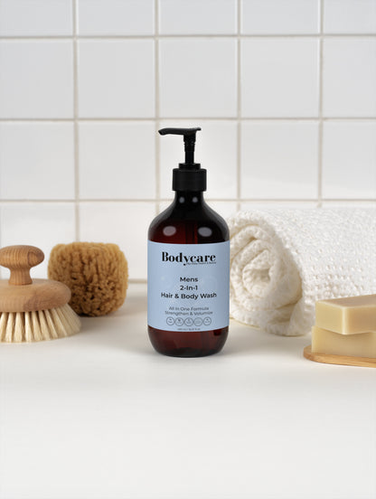 2-in-1 Hair & Body Wash For Men in bathroom — woody vetiver amber scent, dual-purpose for hair and body