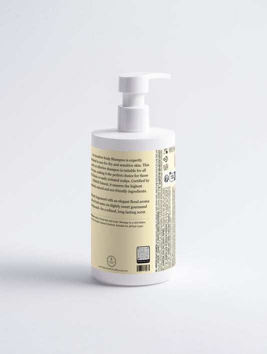 Sensitive Scalp Shampoo ingredients label — free from harsh sulfates, parabens, and common scalp irritants