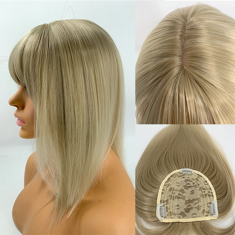 JBEXTENSION Clip in Topper Hair Piece Hair with Bangs for Women Clip in Top Crown Hair Clip on Toupee Hairpiece for Slight Hair Loss/Thinning Hair 14 Inch