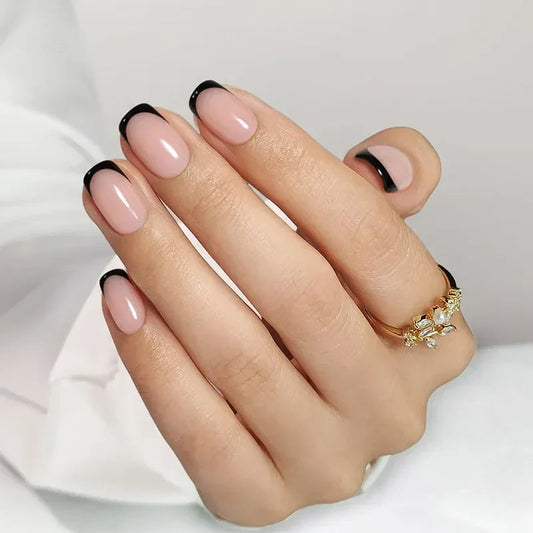 Uñas francesas cuadradas negras clásicas - Uñas postizas | Duraderas y reutilizables