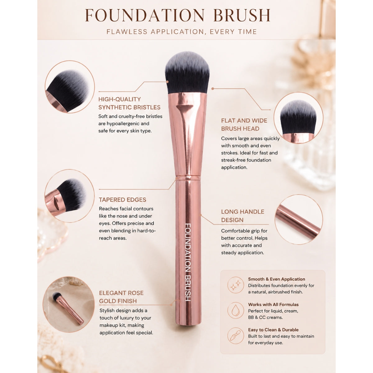 Brocha para base de maquillaje de oro rosa