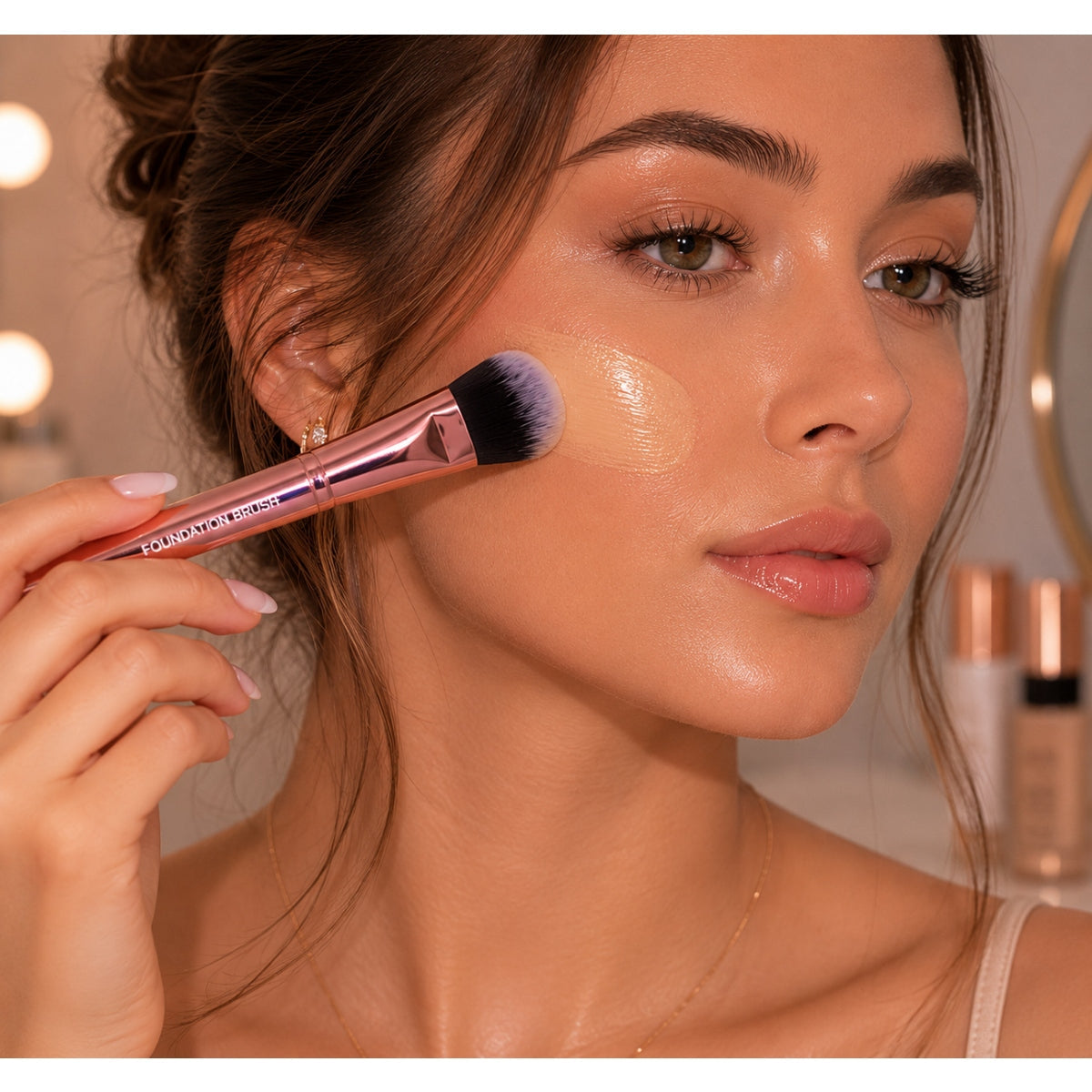 Brocha para base de maquillaje de oro rosa