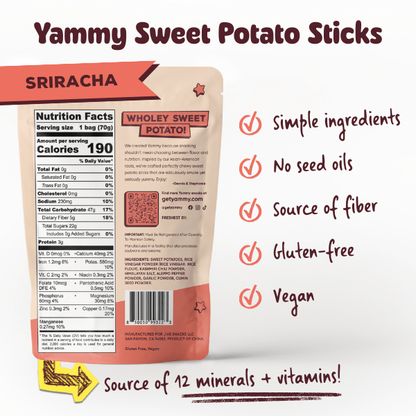 Sriracha Chewy Dried Sweet Potato Sticks (Pack of 18)