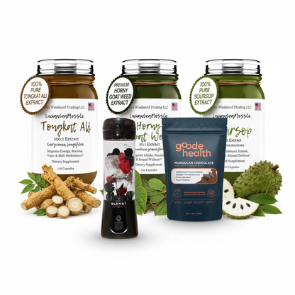 Men's Stamina Stack Bundle studio shot — Tongkat Ali, Horny Goat Weed & Soursop supplements, BLENDi Pro+ Blender, and Goode Health Superfood Shake — men's energy, stamina & wellness — Daily Health & Beauty