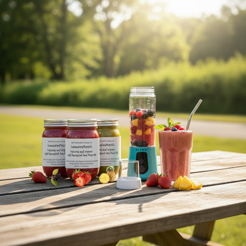 Pro+ blender, picnic table, Gold/Purple/Full Spectrum jars Alt: BLENDi Pro+ Ice Crushing Portable Blender with Organic Gold, Purple, and Full Spectrum Sea Moss Gel Bundle on a picnic table outdoors — Daily Health & Beauty