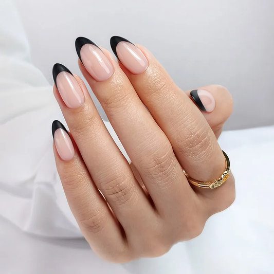 Black French Almond Nails - Press On Nails | Long Lasting & Reusable