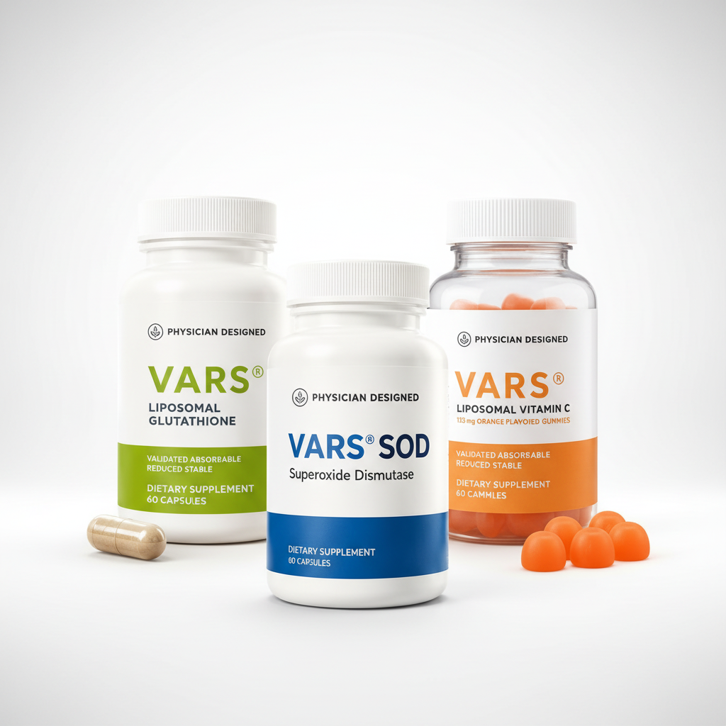 VARS Antioxidant Triple Stack angled bundle shot — VARS Liposomal Glutathione, VARS SOD Superoxide Dismutase, and VARS Liposomal Vitamin C Gummies — Physician Designed complete antioxidant cycle