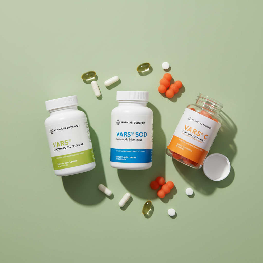 VARS Antioxidant Triple Stack flat lay — VARS Glutathione, SOD, and Vitamin C Gummies supplement bottles with capsules and orange gummies on sage green background — Physician Designed