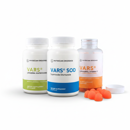VARS Antioxidant Triple Stack — VARS Liposomal Glutathione, VARS SOD, and VARS Liposomal Vitamin C Gummies by Physician Designed — three bottles on white background — complete intracellular antioxidant cycle bundle