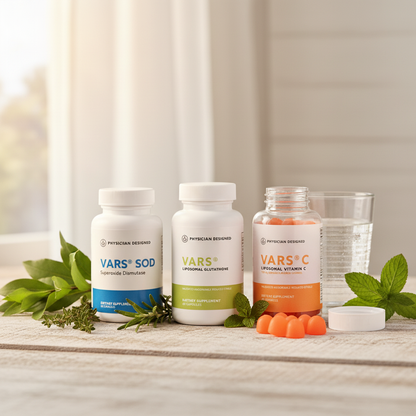VARS Antioxidant Triple Stack lifestyle photo — VARS Glutathione, SOD, and Vitamin C Gummies by Physician Designed on wooden surface with water glass and greenery — daily antioxidant defense stack