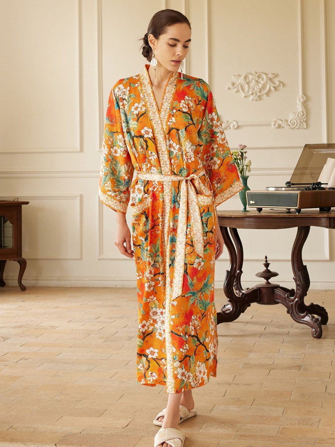 Vintage Orange Enamel Camellia Floral Kimono Robe with Pockets | Daily Health & Beauty