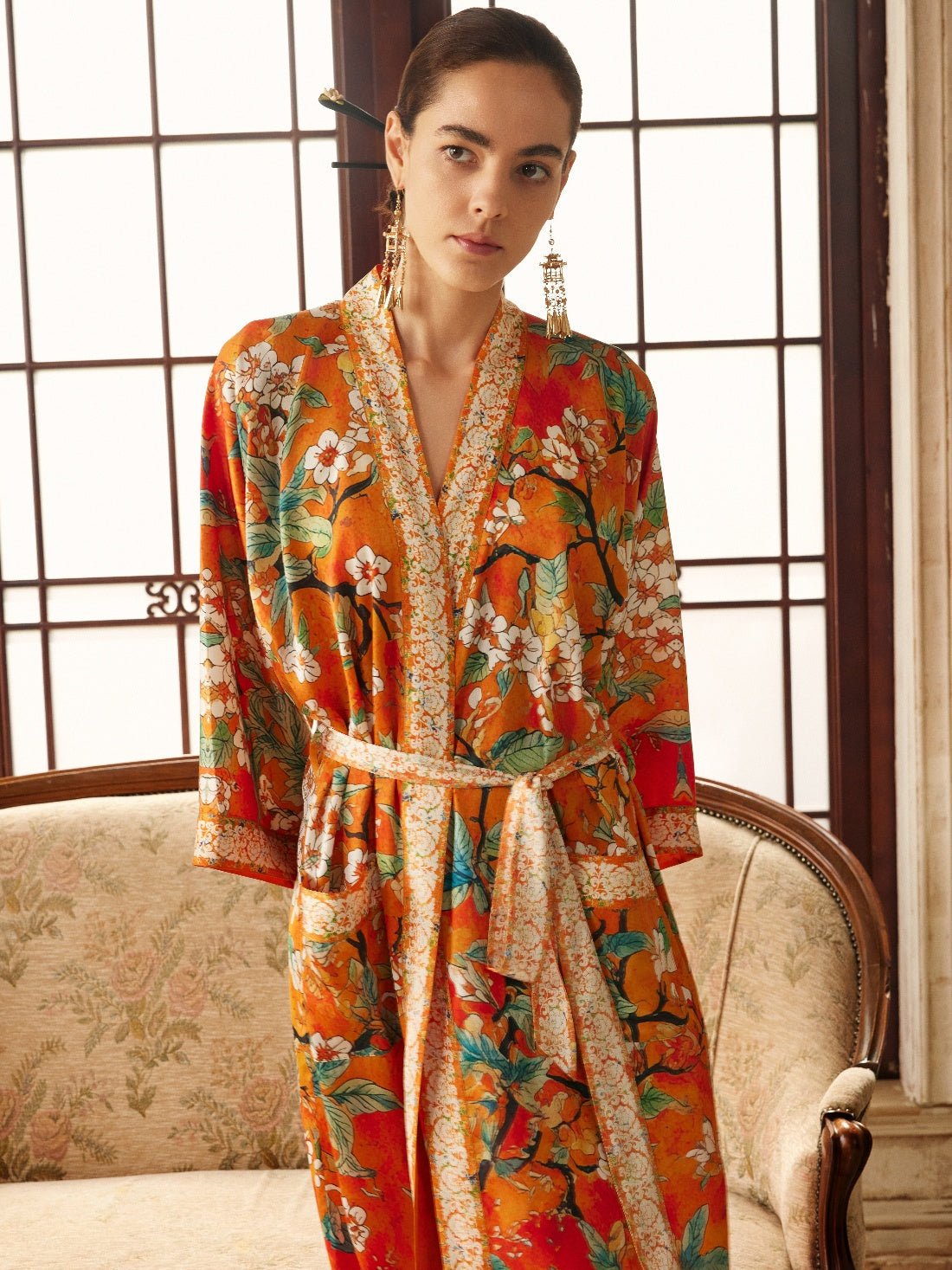Vintage Orange Enamel Camellia Floral Kimono Robe with Pockets | Daily Health & Beauty