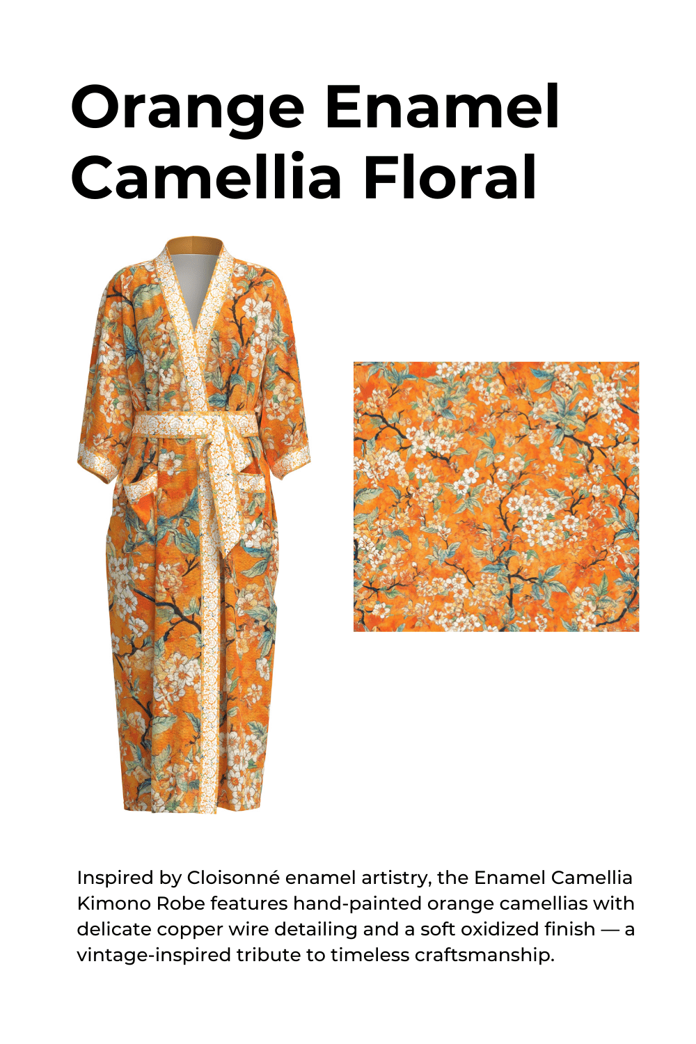Vintage Orange Enamel Camellia Floral Kimono Robe with Pockets | Daily Health & Beauty