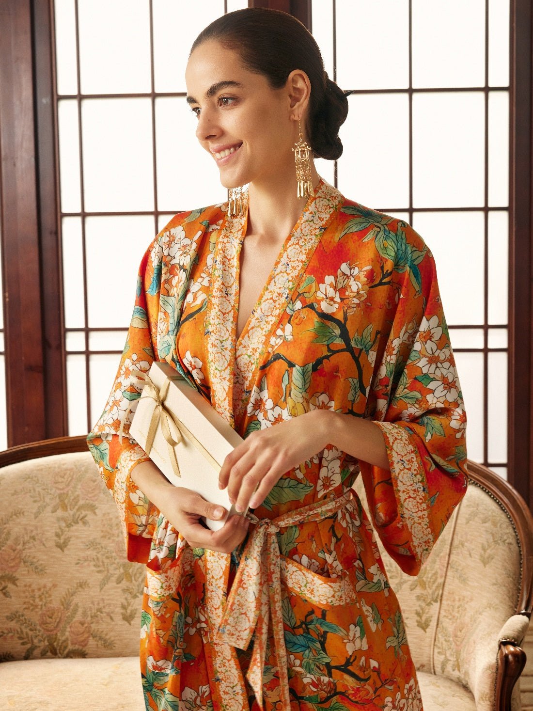 Vintage Orange Enamel Camellia Floral Kimono Robe with Pockets | Daily Health & Beauty