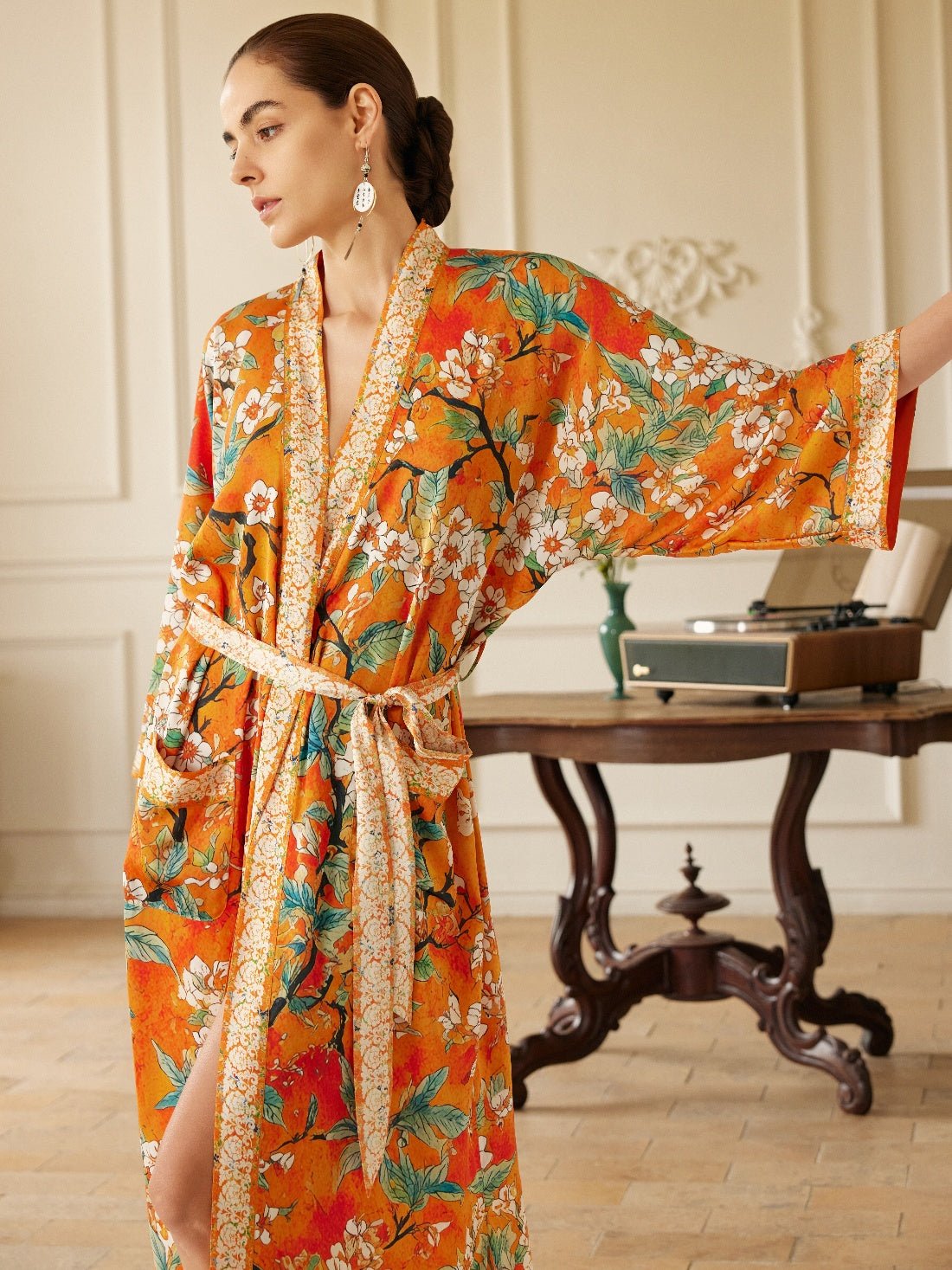 Vintage Orange Enamel Camellia Floral Kimono Robe with Pockets | Daily Health & Beauty