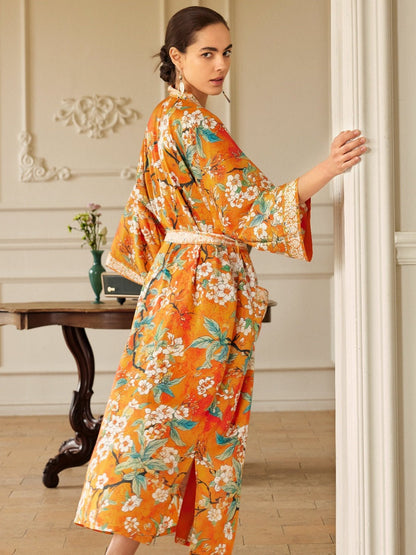Vintage Orange Enamel Camellia Floral Kimono Robe with Pockets | Daily Health & Beauty