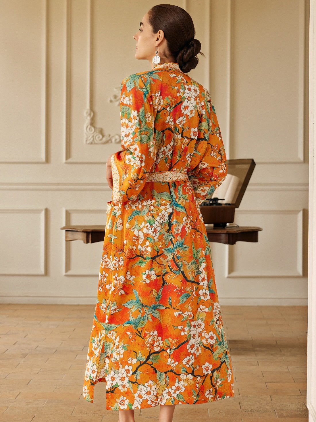 Vintage Orange Enamel Camellia Floral Kimono Robe with Pockets | Daily Health & Beauty