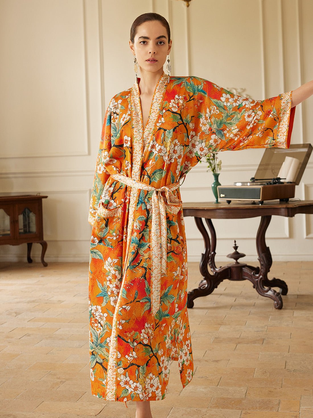 Vintage Orange Enamel Camellia Floral Kimono Robe with Pockets | Daily Health & Beauty