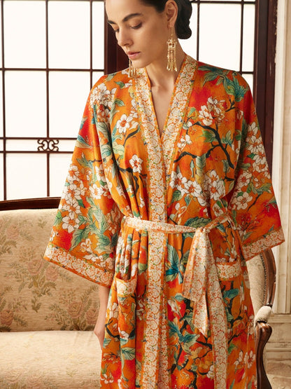 Vintage Orange Enamel Camellia Floral Kimono Robe with Pockets | Daily Health & Beauty