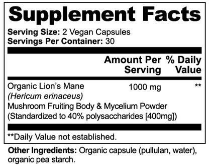 Premium Lion's Mane Mushroom | Vegan Capsules | 60 Count