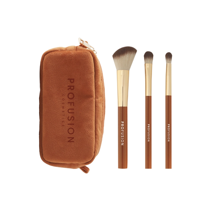 Set de 3 brochas y bolsa para rostro y ojos con especias de calabaza y palitos de canela