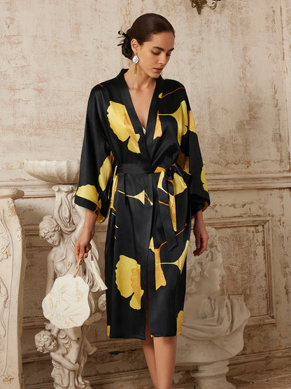 Yellow Ginkgo Leaf Print Black Kimono Robe | Daily Health & Beauty