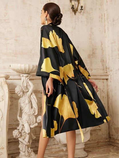 Yellow Ginkgo Leaf Print Black Kimono Robe | Daily Health & Beauty