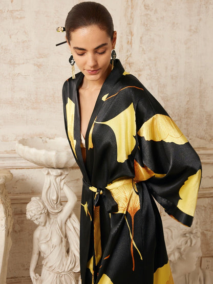 Yellow Ginkgo Leaf Print Black Kimono Robe | Daily Health & Beauty